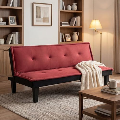 Convertible Futon Sofa Bed, Small Futon Couch with 5-Position Adjustable Backrest, Modern Sofa Bed for Small Spaces, Living Room, Bedroom, Apartment, Dark Red