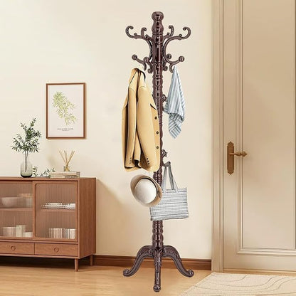 OIRUMIE Wooden Coat Rack Stand, Vintage Wood Coat Rack Freestanding with Sturdy Triangle Base, Classic Coat Racks with 14 Hooks, Natural Birch Wood Coat Tree Hanger Stand for Entryway,Office