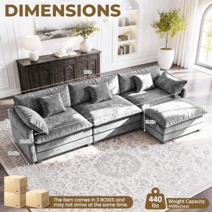 LEVELEVE 112" L-Shape Modular Sofa with 1 Ottomans, Deep Seat Cloud Convertible Sleeper, 3 Throw 2 Arm Pillows, Cozy Upholstered Furniture for Living Room Apartment, Dark Grey