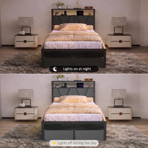 Twin Bed Frame with Storage Drawers & LED Lights, Metal Platform Bed with Charging Station and Upholstered Headboard, 2-Tier Storage Shelf, Noise Free, No Box Spring Needed