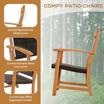 HAPPYGRILL 3 Pieces Rattan Wood Bistro Set, Patio Wicker Chairs Set with Acacia Wood Side Table, Outdoor Sofa Furniture Set for Yard Garden Porch Poolside