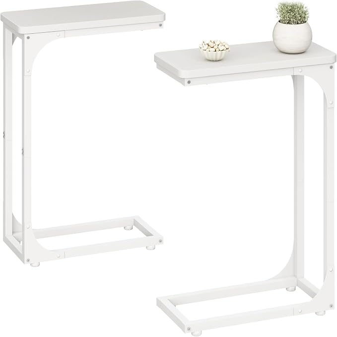QEEIG Narrow C Shaped Side Table Set of 2 Living Room Sets Slim Couch Tray Tables Skinny Thin Small Modern 7 inch Width, White (017-18WW)