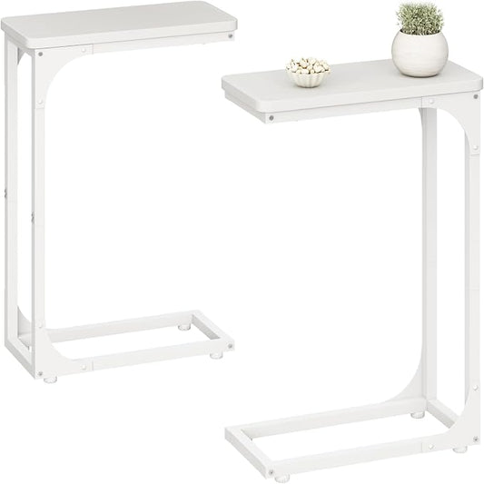 QEEIG Narrow C Shaped Side Table Set of 2 Living Room Sets Slim Couch Tray Tables Skinny Thin Small Modern 7 inch Width, White (017-18WW)