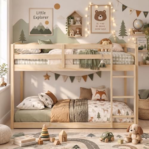 KOMFOTT Low Bunk Bed Full Over Full, Solid Wood Full Bed Frame, Natural
