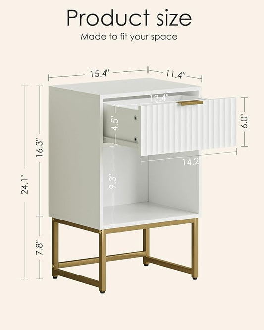 Masupu White Nightstand, Fluted Night Stand, Wood Bedside Table with Storage Drawer, Modern Side End Table for Bedroom, White