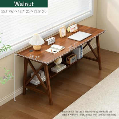 NELYE Extra Long Writing Desk with Bookshelf, 55" Wx20 Dx30 H, Walnut