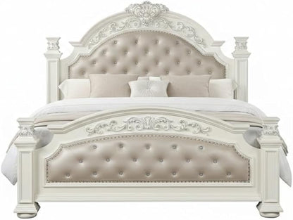 First of a Kind Platinum Traditional 5 Piece King Bedroom Set with Upholstered Tufted Headboard Elegant European Inspired Design Coordinated Furniture Collection, White