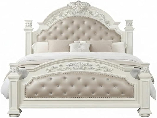First of a Kind Platinum Traditional 5 Piece King Bedroom Set with Upholstered Tufted Headboard Elegant European Inspired Design Coordinated Furniture Collection, White