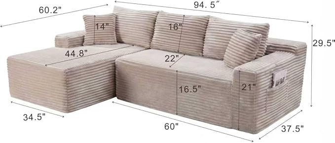 95" L-Shaped Left Facing Cloud Sectional Couch for Living Room, Modular Compressed Boneless Sectional Sofa Corduroy Boneless Corner Foam Sofa W/Chaise Lounge and Pillows