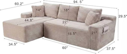 95" L-Shaped Left Facing Cloud Sectional Couch for Living Room, Modular Compressed Boneless Sectional Sofa Corduroy Boneless Corner Foam Sofa W/Chaise Lounge and Pillows