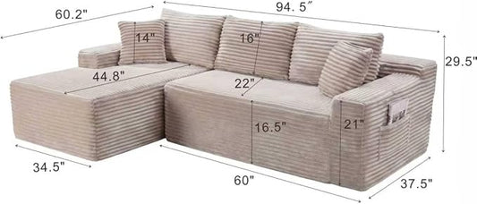 95" L-Shaped Left Facing Cloud Sectional Couch for Living Room, Modular Compressed Boneless Sectional Sofa Corduroy Boneless Corner Foam Sofa W/Chaise Lounge and Pillows
