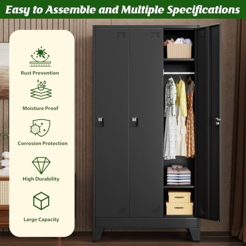 3 Doors Metal Storage Lockers Cabinet for Employees,67" File Storage Locker Cabinets with 3 Lockable Doors and 6 Hooks,Tall Clothing Coat Steel Looker Cabinet for Gym, School,Office,Stuff,Black