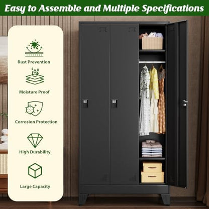 3 Doors Metal Storage Lockers Cabinet for Employees,67" File Storage Locker Cabinets with 3 Lockable Doors and 6 Hooks,Tall Clothing Coat Steel Looker Cabinet for Gym, School,Office,Stuff,Black