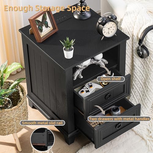 Joaxswe 18" Farmhouse Nightstand with Charging Station & 2 Drawers