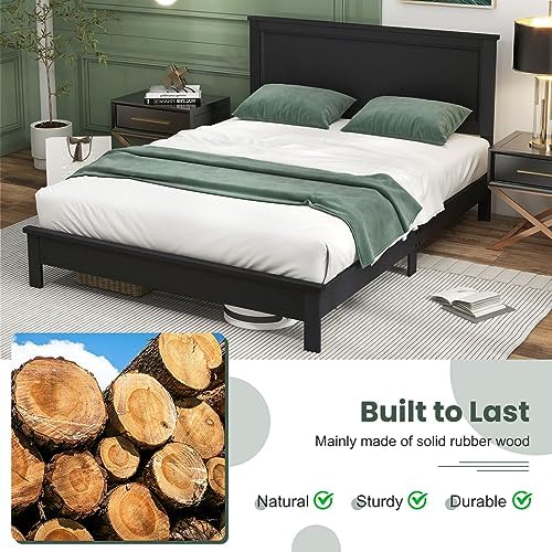 GIANTEX Wood Queen Platform Bed Frame with Headboard, Mid Century Bed Frame with Solid Wood Legs & Wooden Slat Support, Pallet Bed Mattress Foundation, No Box Spring Needed, Black