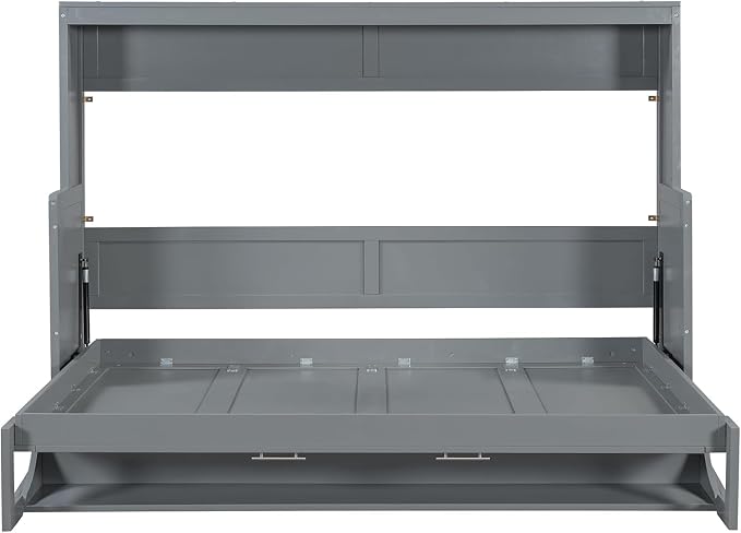Virubi Full Horizontal Murphy Bed with Desk,Solid Wood Folding Hideaway Murphy Wall Bed for Adult,Guest Room (Grey,Full)