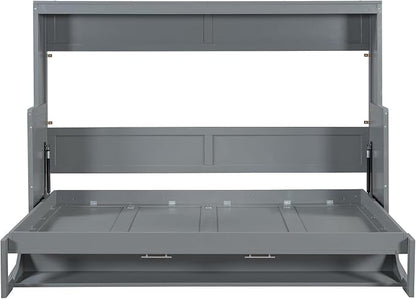 Virubi Full Horizontal Murphy Bed with Desk,Solid Wood Folding Hideaway Murphy Wall Bed for Adult,Guest Room (Grey,Full)