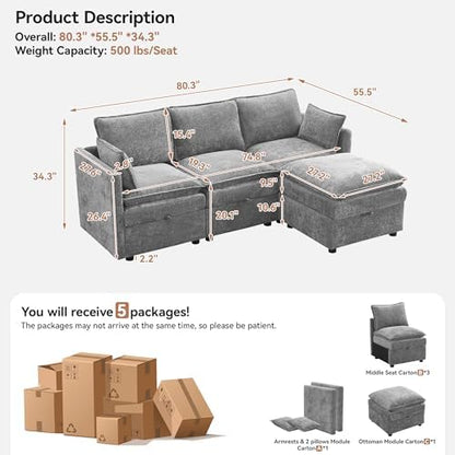 80" LIGHT GREY Chenille Storage 3 Seater Sofa with Ottoman, Comfy Couch