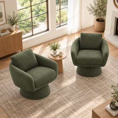 Zerel's HOME Swivel Barrel Accent Chairs Set of 2, Upholstered Armchair with Pillow, Modern Boucle Chair for Living Room Bedroom, Green