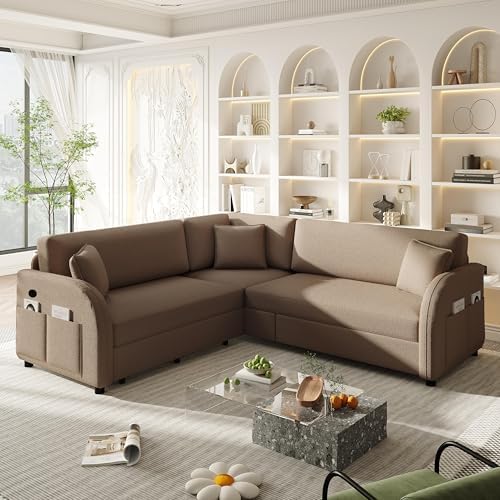 HANXIN 85.1" L-Shaped Sofa Couch with Pull Out Bed, Oversize Convertible Sectional Sleeper Sofa with Side Pocket & USB Port, 5 Seat Sherpa Fleece Upholstered Couches for Living Room(Brown)