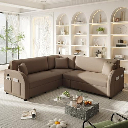 HANXIN 85.1" L-Shaped Sofa Couch with Pull Out Bed, Oversize Convertible Sectional Sleeper Sofa with Side Pocket & USB Port, 5 Seat Sherpa Fleece Upholstered Couches for Living Room(Brown)
