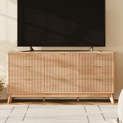 63" Wide Fluted 9 Drawers Dresser for Bedroom,Curved Edge,Oak