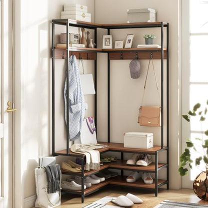 GIANTEX Corner Coat Rack, L-Shaped Hall Tree with Bench and Shoe Storage