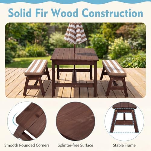 KOTEK Kids Picnic Table with Umbrella, Wooden Toddler Outdoor Table with Benches & Cushions, 42" x 23" Large Tabletop, Kids Backyard Furniture for Patio Garden Lawn (Coffee)