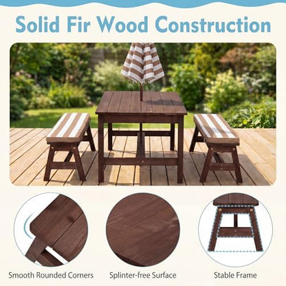KOTEK Kids Picnic Table with Umbrella, Wooden Toddler Outdoor Table with Benches & Cushions, 42" x 23" Large Tabletop, Kids Backyard Furniture for Patio Garden Lawn (Coffee)