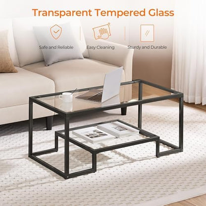 Yaheetech Glass Coffee Table for Living Room, 42" with Storage Shelf, Black