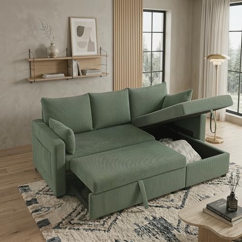 Queen Sleeper Sofa, Convertible Sofa Bed with Storage, 85 Inch Sectional Couch with Pull Out Bed, L Shaped 3 Seat Sectional Sleeper Sofa for Living Room, Apartment, Green