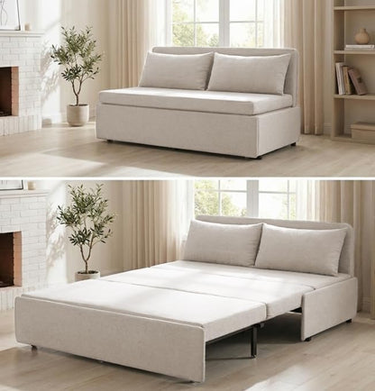 PUREMIND Queen Size Pull Out Sleeper Sofa Bed, Linen Convertible Sofa Bed with Foldable Mattress, Loveseat Couch Pull Out Bed with 2 Cushions for Small Place, Apartment, Office Beige