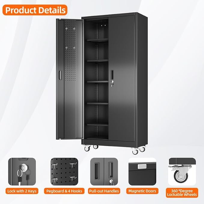 Aobabo Metal Storage Cabinet with Wheels and Door Pegboard | Garage and business storage for tools and office supplies; 5 adjustable shelves, lockable black cabinet, 16"D x 32"W x 71"H
