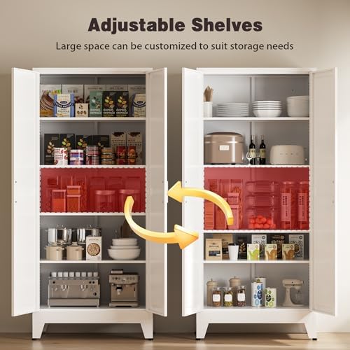 71" Tall Metal Pantry Cabinet, Kitchen Storage Cabinet with 2 Doors and 4 Adjustable Shelves for Kitchen, Living Room, Dining Room, Bathroom and Home, Office