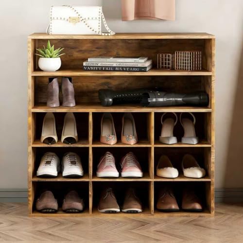 9-Cubby Shoe Rack, Wood Shoe Organizer Bench for Entryway Hallway Closet