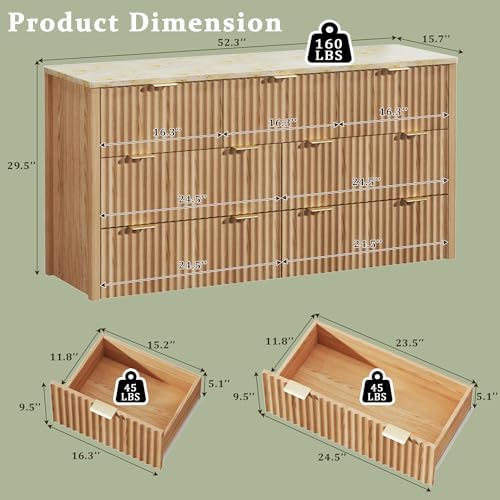 Fluted Dresser for Bedroom with 7 Drawers, 53" Wide Mid Century Modern Dressers with Faux Marble Top & Metal Handle, Wooden Chest of Drawers TV Stand, Natural Oak