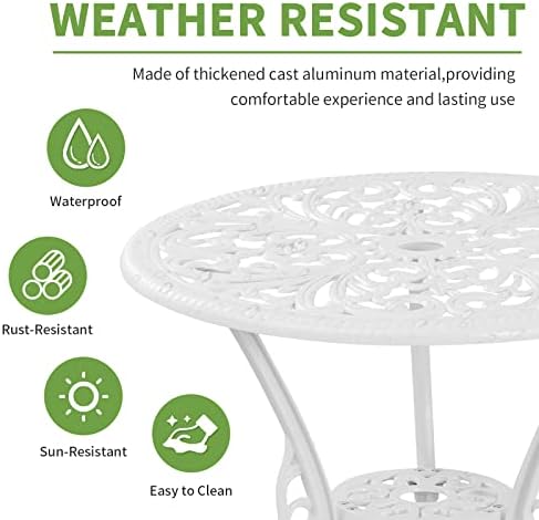 Patio Bistro Sets 3 Piece,Cast Aluminum Bistro Table and Chairs Set of 2 with 1.97" Umbrella Hole,All Weather Bistro Table Set Outdoor Patio Furniture for Garden,Yard(Butterfly White)