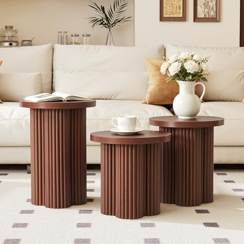 Round Nesting Coffee Table Set of 3 Fluted Coffee Table (Walnut)