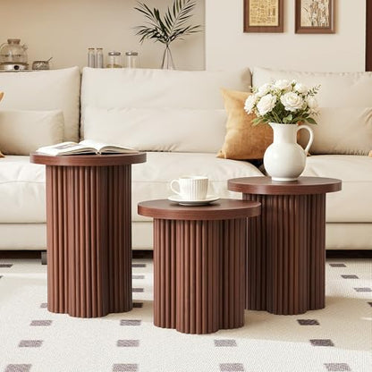 Round Nesting Coffee Table Set of 3 Fluted Coffee Table (Walnut)