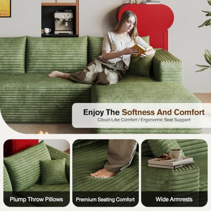 96" Sectional Boneless Modular Couch, Cloud Sofa Green