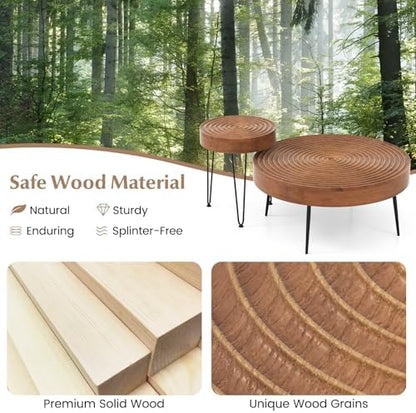 GIANTEX Boho Round Coffee Table Set of 2, Sofa Side Nesting Table with Solid Pine Wood Top, Metal Legs & Adjustable Foot Pads, 31.5" D Large Table Set for Living Room (Ring Pattern, Brown)