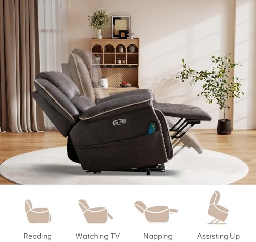 Bonzy Home Power Lift Recliner Chair for Elderly with Massage and Heating, Dual Motor Faux Leather Lift Chair with Spacious Seat, 2 Cup Holders, Adjustable Headrest (Grey Brown)