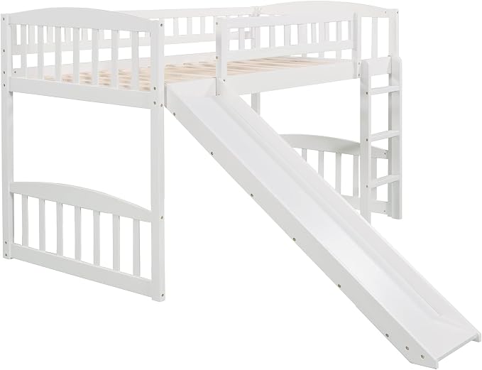 YOPTO Twin Size Loft Bed with Slide and Ladder,Multifunctional Solid Wood Bed Frame,w/Safety Guardrail & 14 Support Slats,No Box Spring Needed,for Kids, Teens, Girls, Boys,White