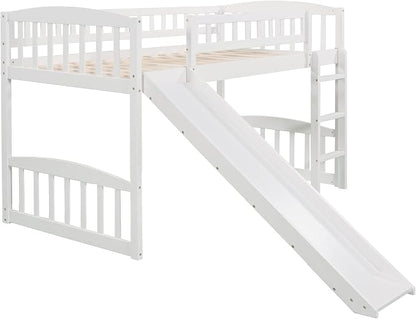 YOPTO Twin Size Loft Bed with Slide and Ladder,Multifunctional Solid Wood Bed Frame,w/Safety Guardrail & 14 Support Slats,No Box Spring Needed,for Kids, Teens, Girls, Boys,White