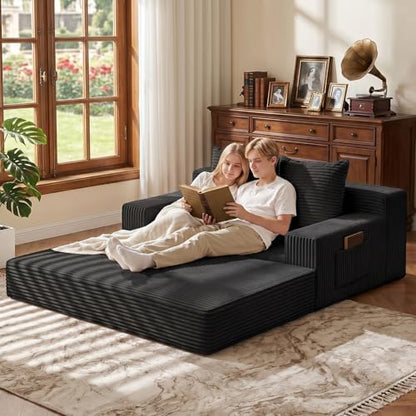 Boneless Loveseat Couch Folding Sofa Bed, Foldable Floor Futon Sleeper Couch Bed - Convertible Sofa Bed, Corduroy Pull Out Sofa Bed with 2 Pillows for Living Room & Bedroom