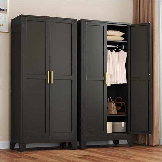 winiowa Metal Armoire Wardrobe Closet with 2 Doors, 71" Wardrobe Cabinet with Adjustable Shelves and Hanging Rod, Clothing Storage Cabinet Closet for Bedroom-Black