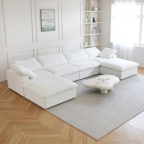 JACH U-Shaped Cloud Couches for Living Room, 6-Seats Modular Convertible Sectional Sofas, Cushion Covers Removable, Comfy Sectional Couch with Chaise Ottomans for Living Room Apartment (White)