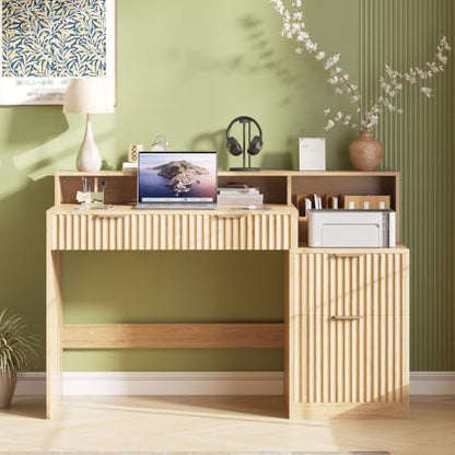 Vabches Fluted Computer Desk with Power Outlets, Home Office Desk with Drawers, Printer Stand, Wood Computer Desk with Long Monitor Stand, Oak