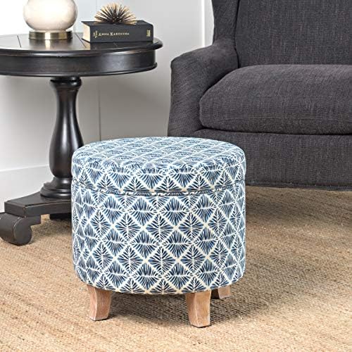 Homepop Home Decor | Upholstered Round Storage Ottoman | Ottoman with Storage for Living Room & Bedroom with Flared Legs, Navy Blue Geometric Pattern Large