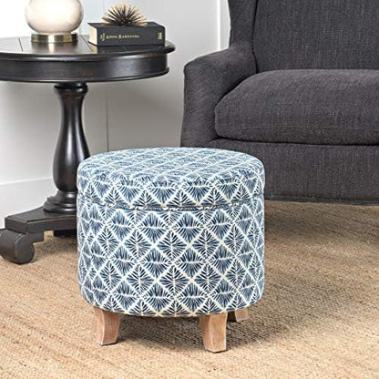 Homepop Home Decor | Upholstered Round Storage Ottoman | Ottoman with Storage for Living Room & Bedroom with Flared Legs, Navy Blue Geometric Pattern Large